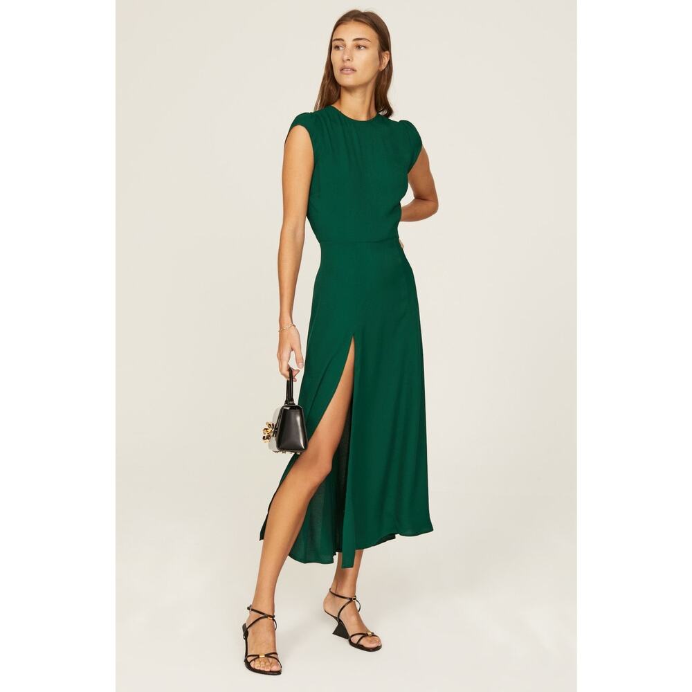REFORMATION Emerald Green A-Line Crewneck Cap Sleeves Gavin Midi Dress Size 4